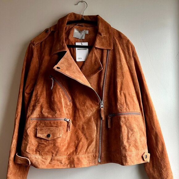 Asos Curve Genuine Leather Motorcycle Jacket in Orange/Rust - Picture 1 of 6